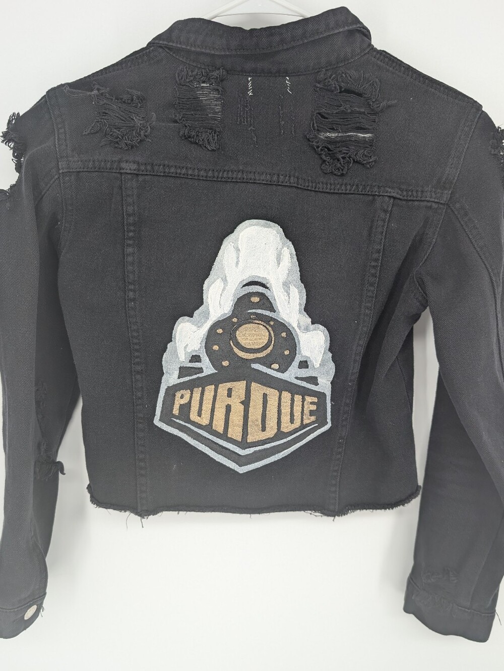 Y2K Purdue University Boilermakers Cropped Distressed Denim style Jacket S Hand